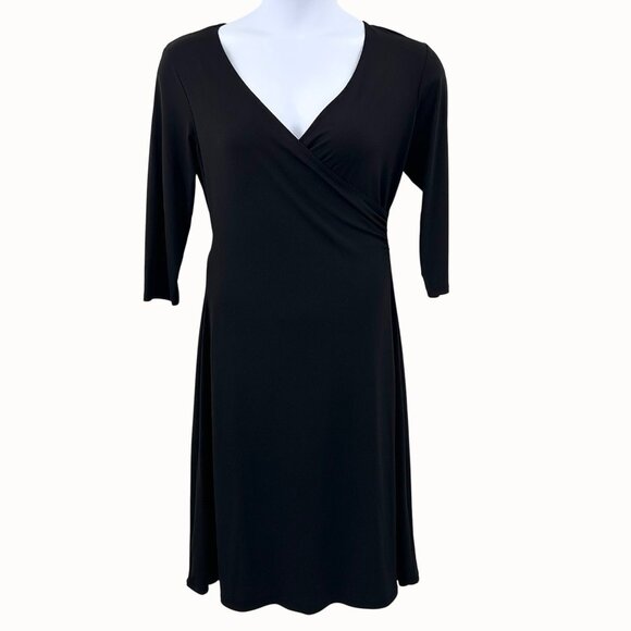 Talbots Black Faux Wrap Dress 3/4 Sleeves Knee Length - 8 Work, Party - Picture 1 of 4
